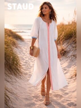 STAUD Vincent Dress,White Land Sea Caftan Resort Coastal  Designer,EUC,Size  S